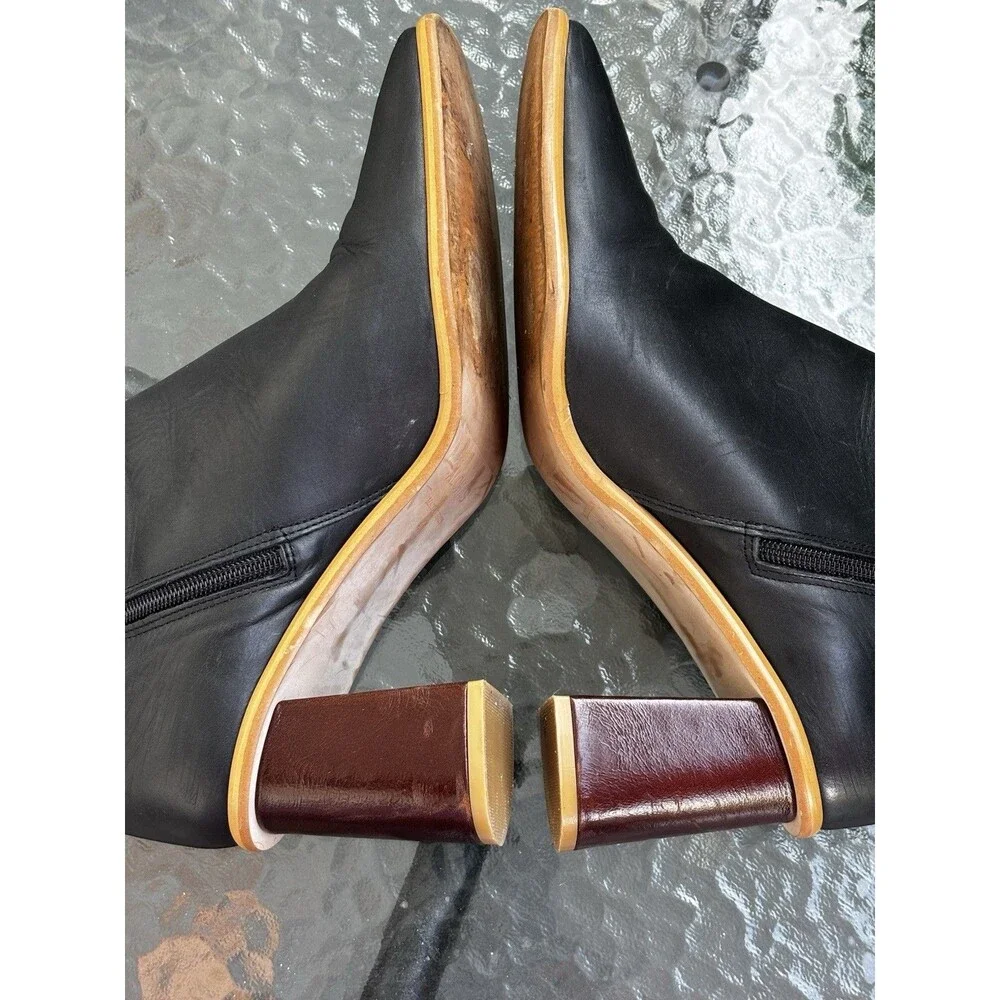 Alohas East Black Leather Square Toe Ankle Boots Wood Block Heel Spain SZ 10.5